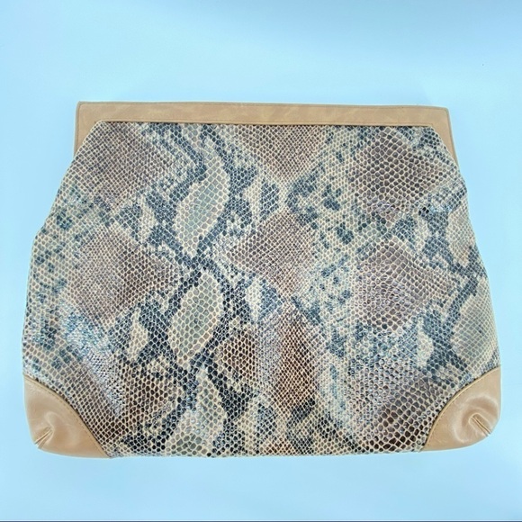 Leather Clutch Snake Skin Pattern Fold Over Large Brown/Tan - Picture 3 of 12